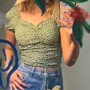 H&M floral green ruched top